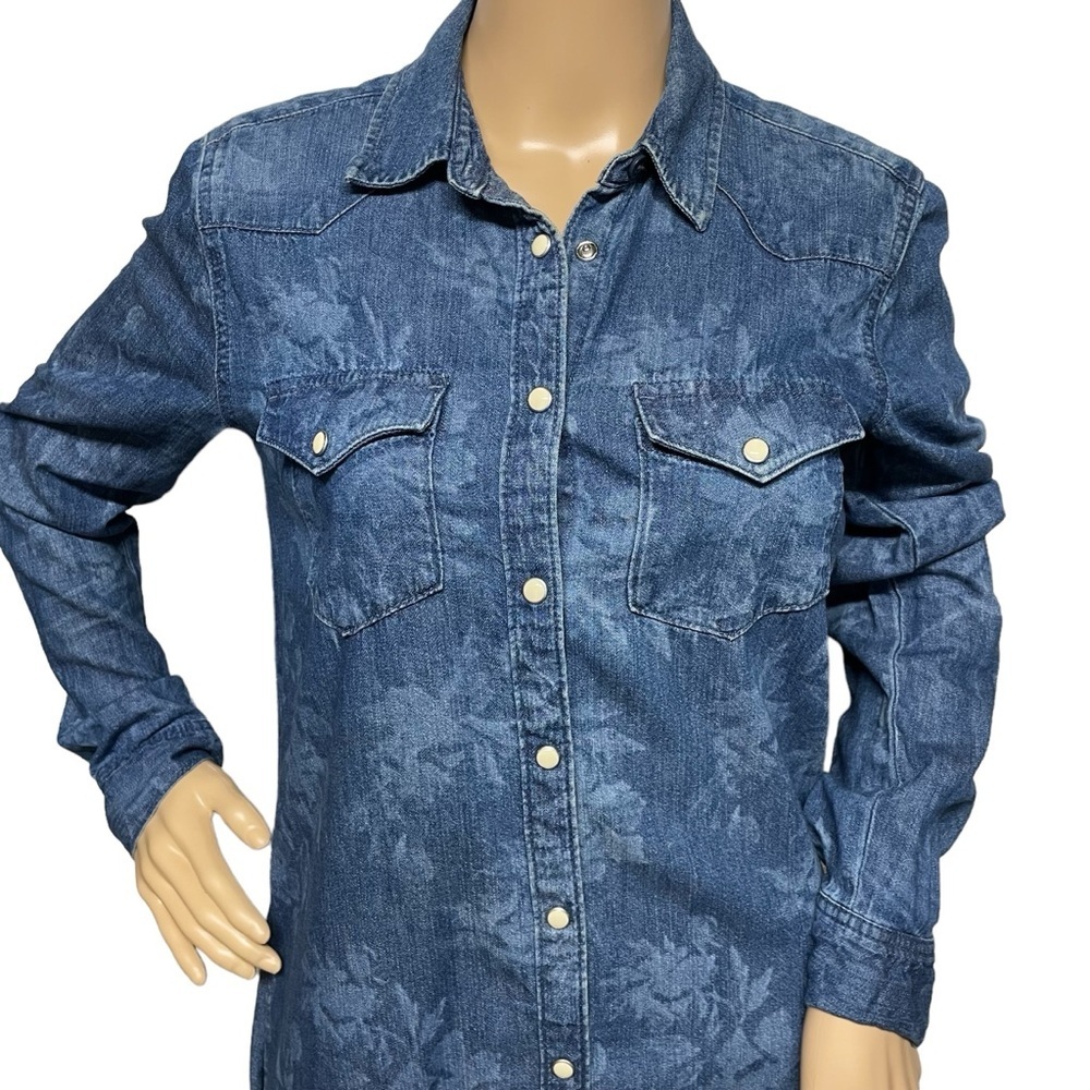 GAP 1969 Blue XS Floral Print White Pearl Snap Button Denim Dress in EUC - Picture 2 of 13